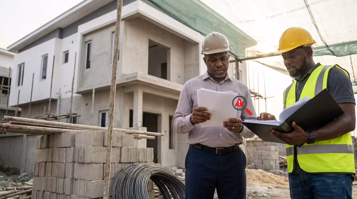 Nigerian homeowner reviewing construction documents with a contractor at a residential building site, inspecting project details to avoid construction fraud and costly mistakes.
