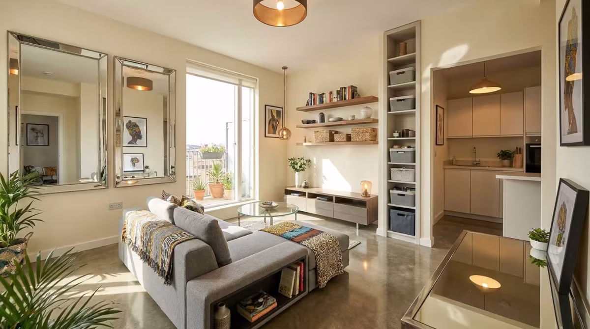 Bright and stylish small apartment interior featuring large mirrors, smart storage shelves, multifunctional furniture, and natural light to create a spacious feel.