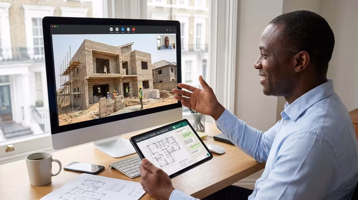 Remote homeowner monitoring a Nigerian house construction project through a video call while reviewing building plans and progress reports on a computer and tablet