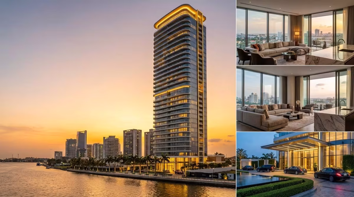 Luxury waterfront apartment tower in Lagos at sunset featuring premium residences, floor-to-ceiling glass windows, elegant interiors, and a grand entrance overlooking the city skyline.