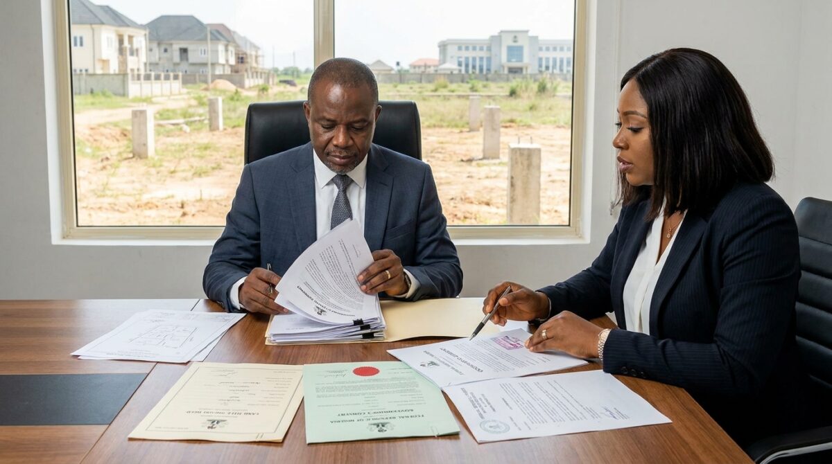 Buyer reviewing land documents l…