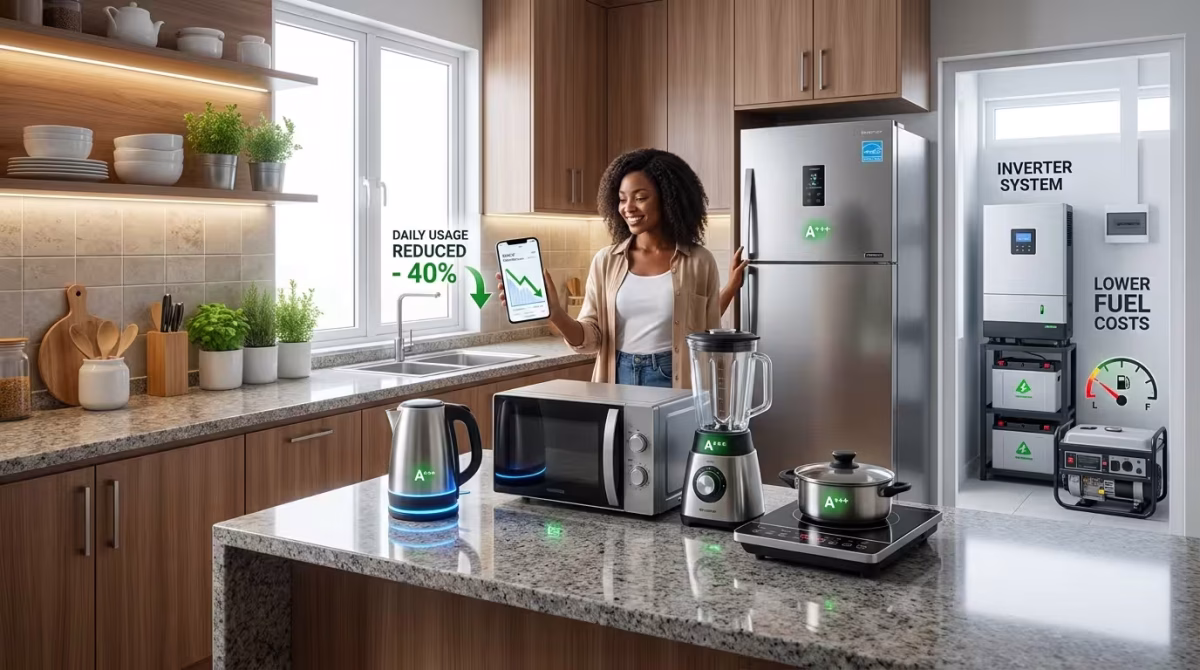 A modern Nigerian kitchen featuring energy-efficient appliances including an inverter refrigerator, microwave, blender, electric kettle, and induction cooker, with a homeowner monitoring electricity savings and backup power systems.