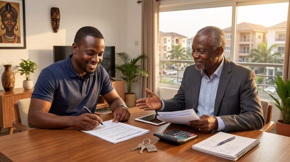A happy landlord and tenant successfully negotiating rent in Nigeria.