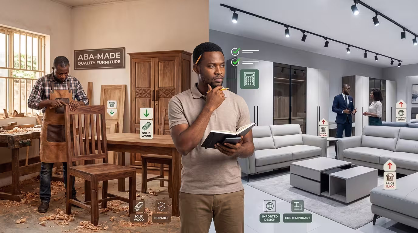 A Nigerian homeowner compares Aba-made wooden furniture with modern imported Chinese furniture while evaluating quality, durability, and cost.