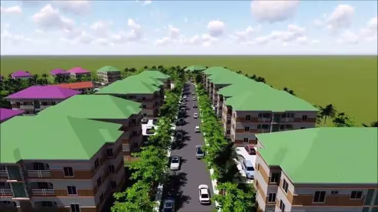 Aerial rendering of Copen Group’s Spring City housing estate in Enugu, showing rows of modern residential apartment blocks, landscaped streets, parked vehicles, and a master-planned community designed for large-scale urban living.