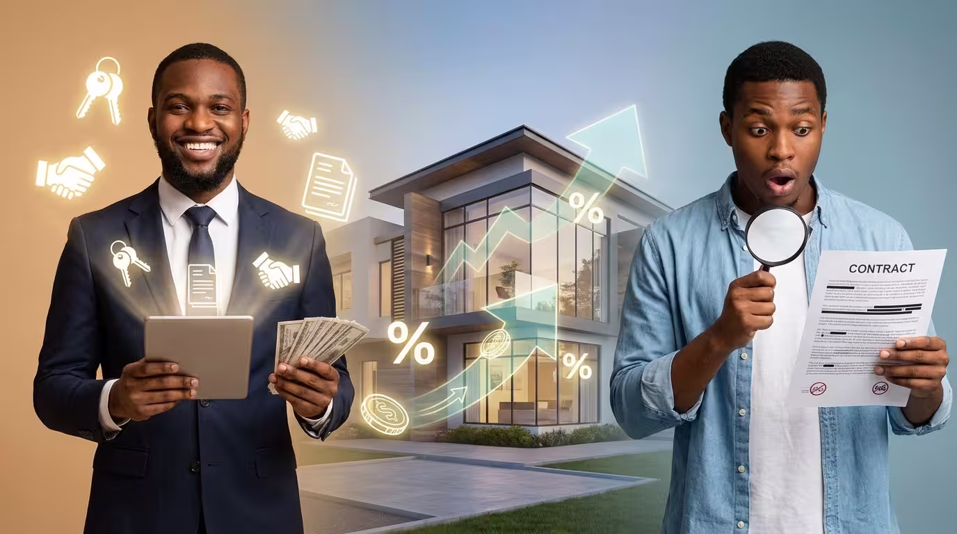 Estate agent holding cash and a tablet stands beside a luxury home while a property buyer examines a contract, illustrating commissions, fees, and real estate transactions in Nigeria.