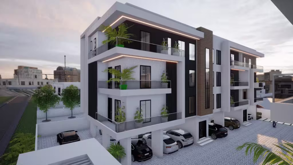 Modern multi-storey residential apartment building with contemporary architecture, private balconies, landscaped surroundings, and dedicated parking spaces, showcasing premium urban housing development in Lagos.