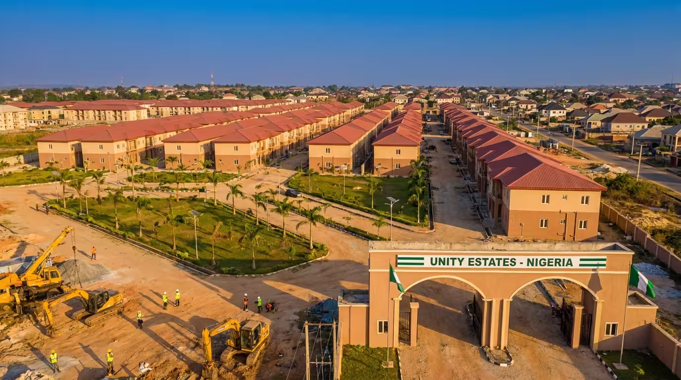 Aerial view of Unity Estates residential development in Nigeria, showing rows of modern terraced houses with red roofs under construction, landscaped green areas with palm trees, construction equipment, and workers, with a prominent entrance gate displaying "UNITY ESTATES - NIGERIA" and Nigerian flags.