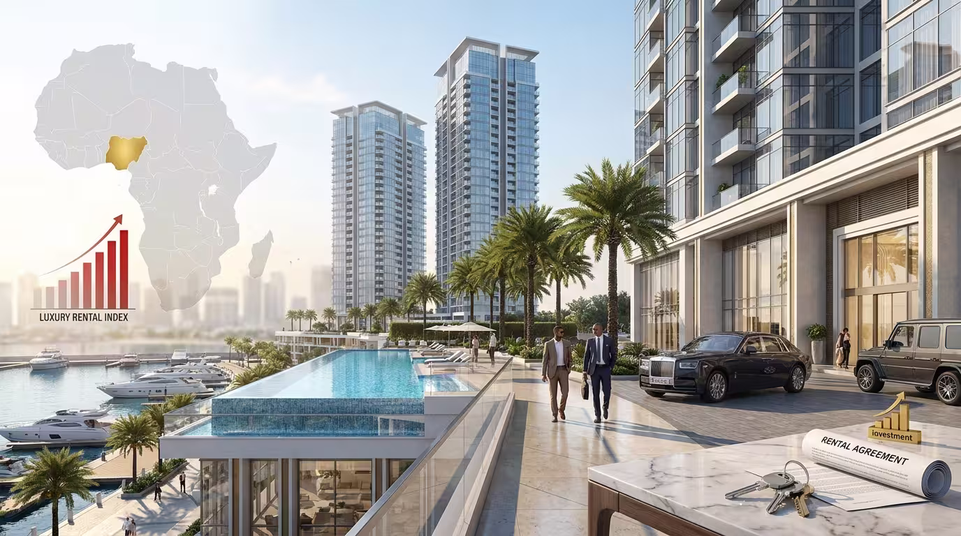 Luxury waterfront apartments and high-rise residential towers in Lagos, Nigeria, with luxury vehicles, yachts, a rental agreement, and an investment growth chart illustrating the country's position among Africa's most expensive luxury rental markets.