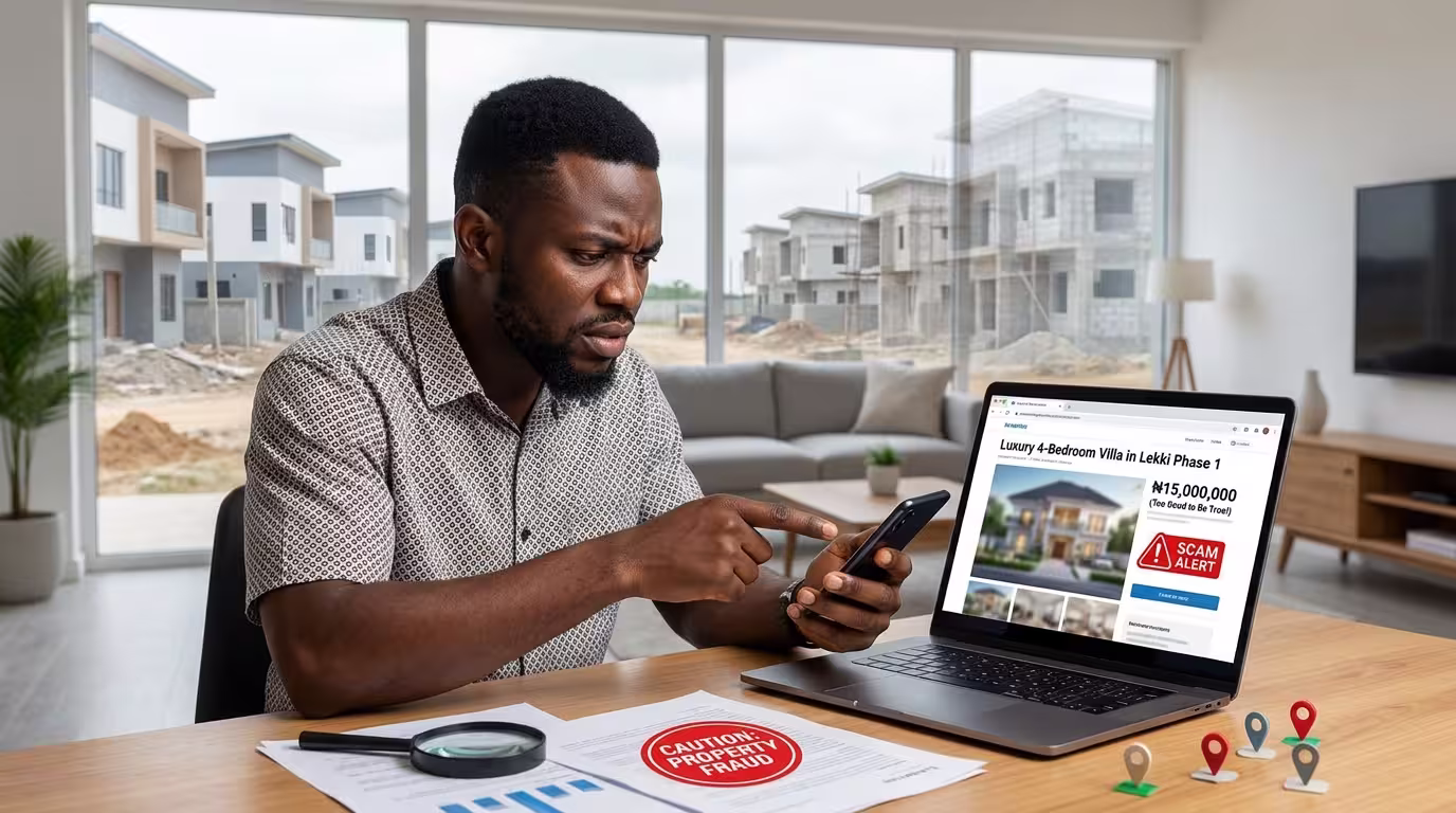 Concerned Nigerian property seeker reviewing a suspicious online real estate listing on a laptop and smartphone, with scam warning signs, property fraud alert documents, and residential buildings in the background.