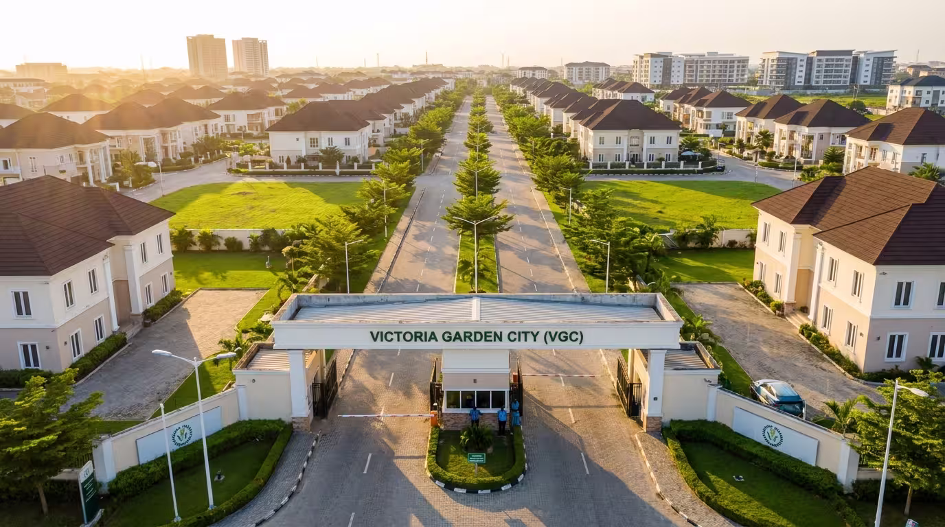 Aerial view of Victoria Garden City (VGC), Lagos, showing the iconic entrance gate, tree-lined boulevard, luxury homes, and well-planned residential layout.