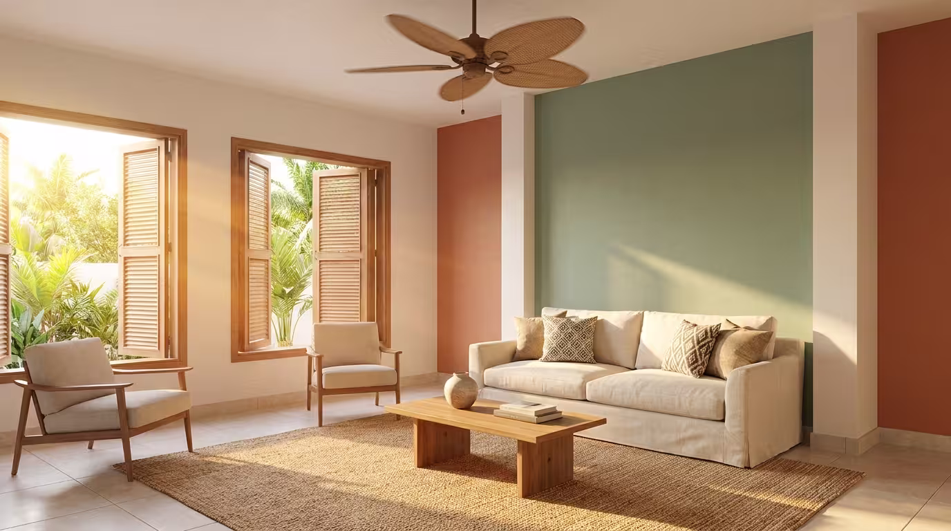 Bright modern Nigerian living room featuring heat-friendly paint colours, including soft cream, sage green, and warm terracotta accent walls, with natural sunlight, open windows, stylish furniture, and excellent ventilation