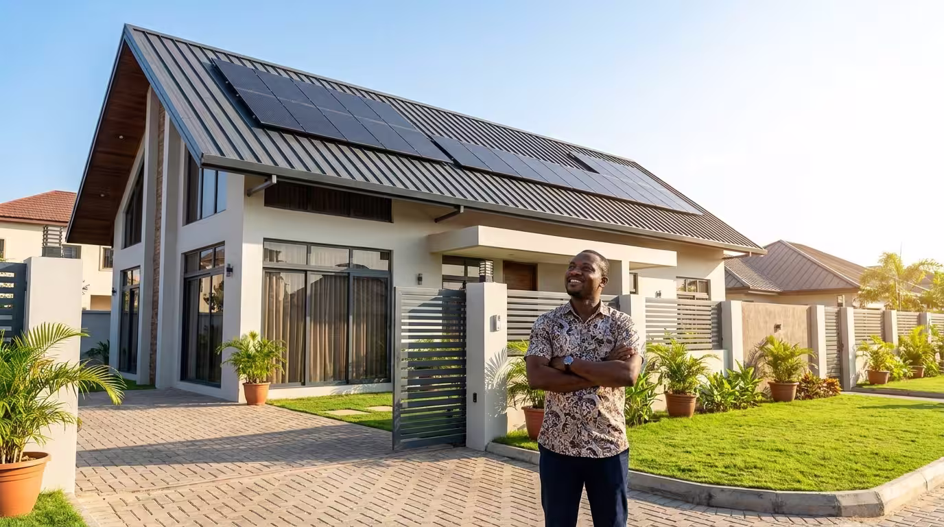 Modern Nigerian home with rooftop solar panels, landscaped surroundings, and a proud homeowner standing outside, showcasing clean energy and sustainable living