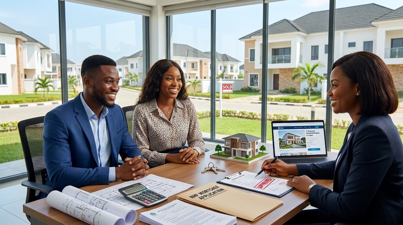 A smiling Nigerian couple meets with a mortgage advisor to discuss an NHF loan application for their first home, with property documents, a house model, and a residential estate visible in the background.