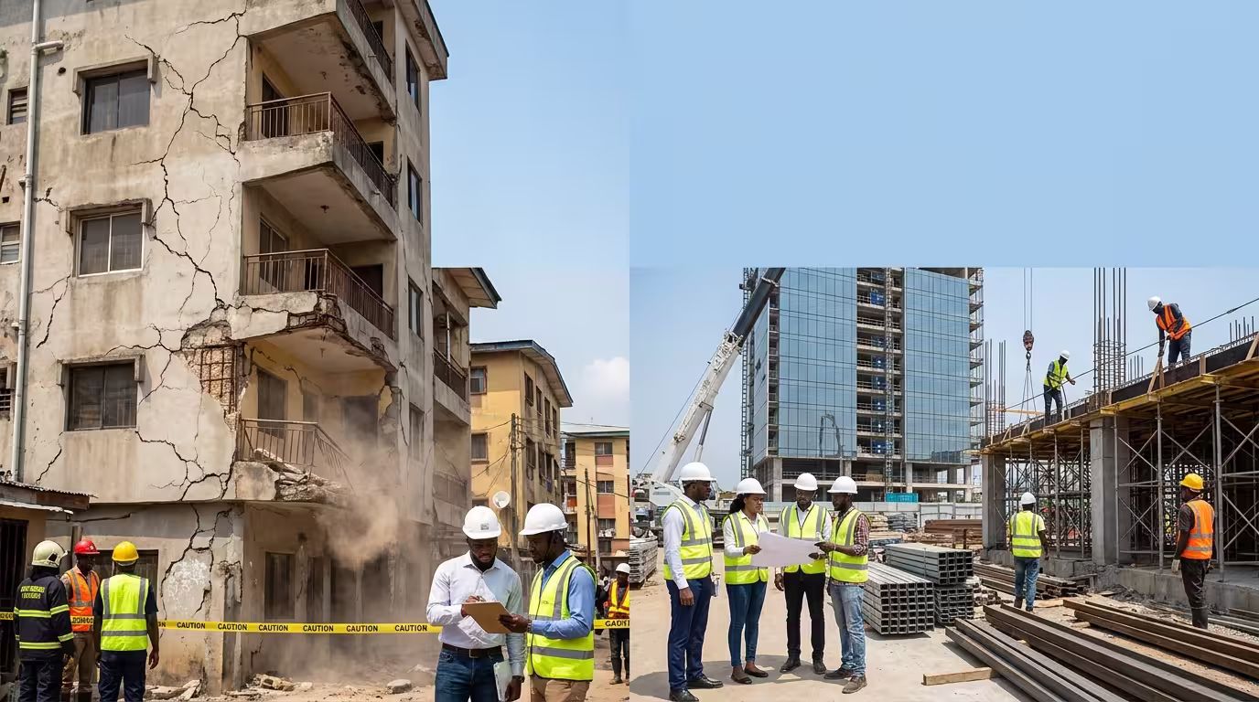Split-screen illustration comparing a cracked, partially collapsed high-rise building under emergency inspection with a properly supervised high-rise construction site in Nigeria, highlighting the importance of structural integrity, quality construction, and engineering oversight.