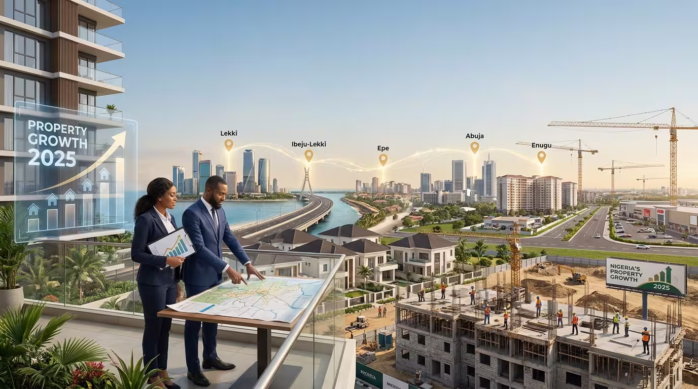 A map or aerial view highlighting Nigeria's fastest-growing property markets including Ibeju-Lekki, Epe, Abuja satellite towns, Asaba, and Uyo in 2025.