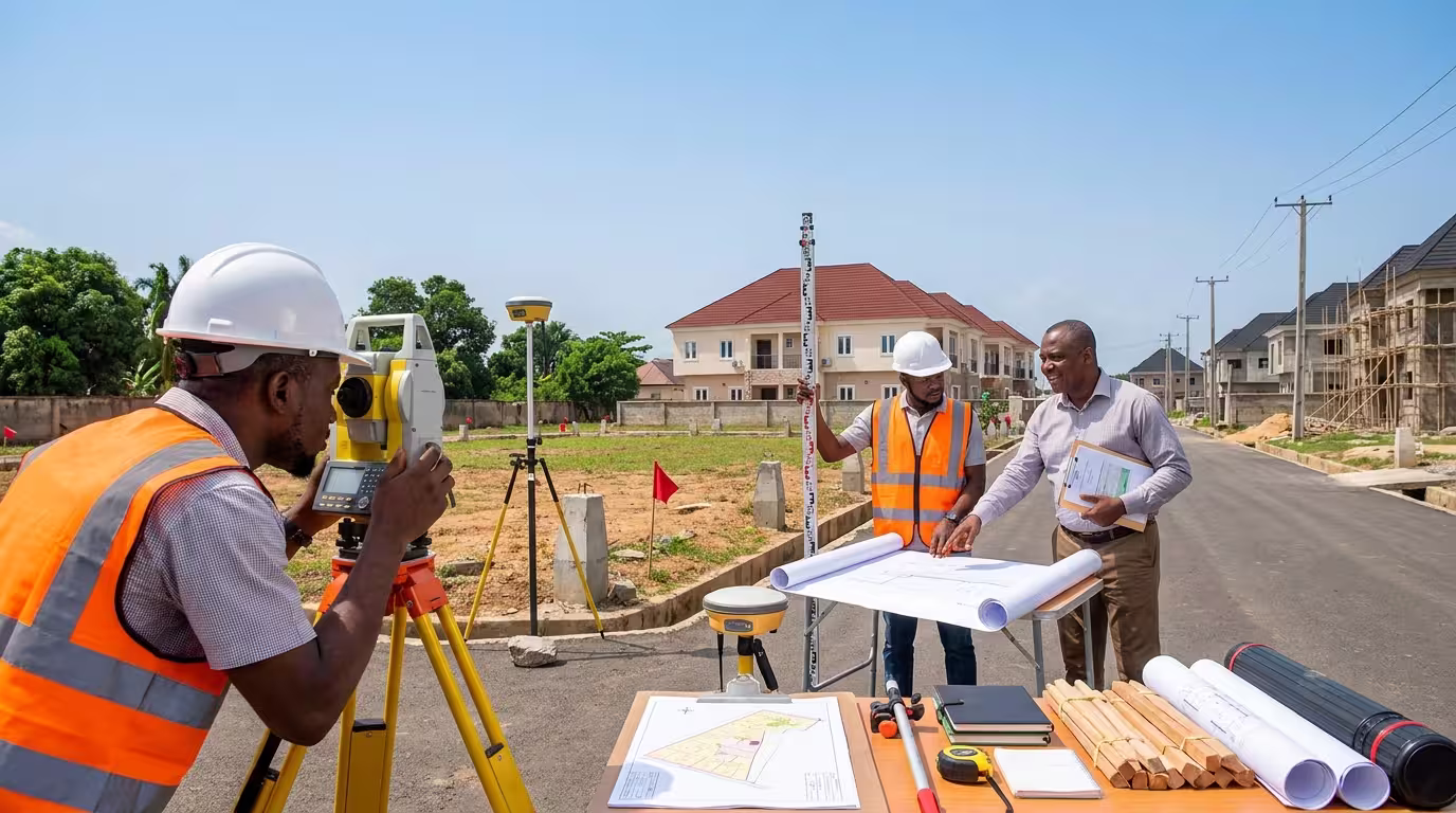 Professional Nigerian land surveyors use a total station, GPS equipment, and survey plans to verify land boundaries while consulting a prospective buyer in a modern residential estate before a property purchase.