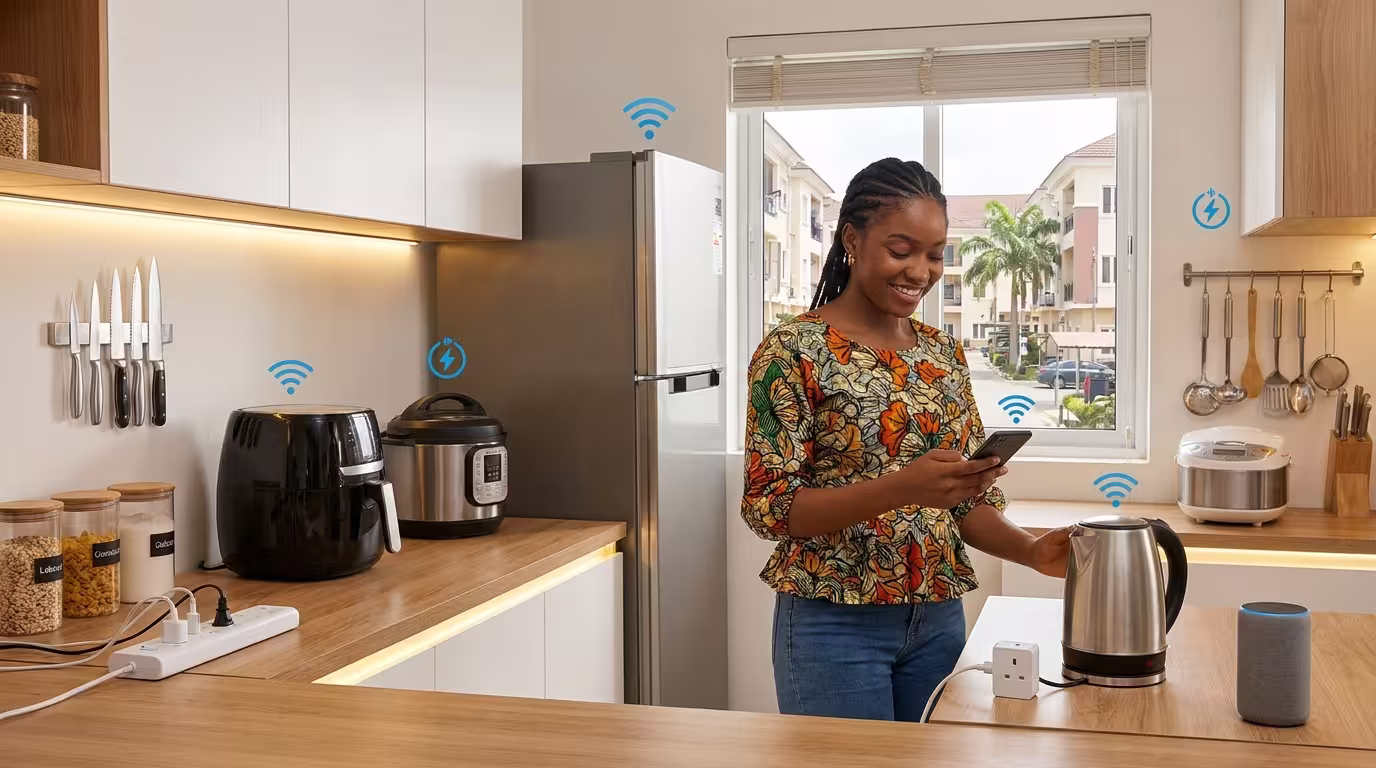 A Nigerian woman smiles while using her smartphone to control smart kitchen appliances, including an air fryer, slow cooker, fridge, kettle, and smart speaker, connected via WiFi icons in a modern Lagos apartment kitchen.