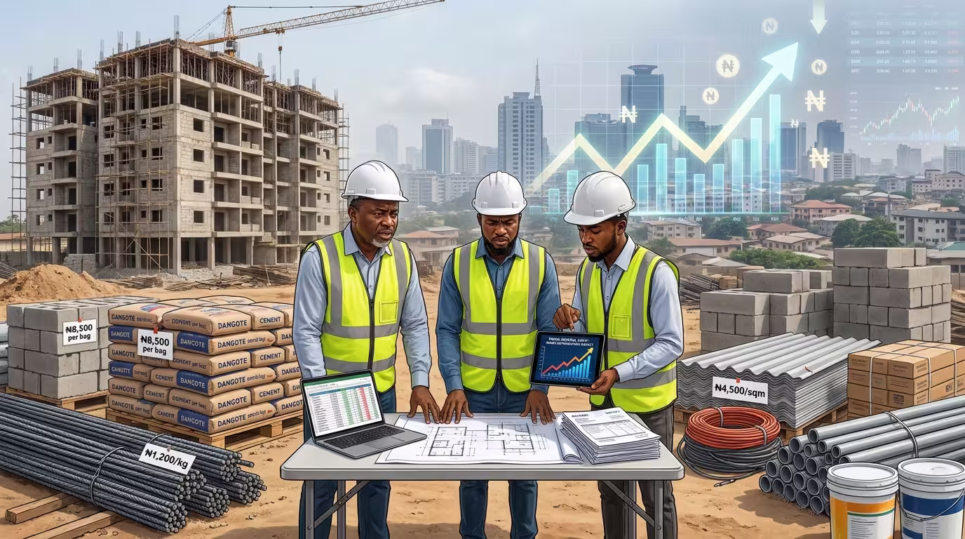 Nigerian construction professionals review rising building costs at a site, with price tags showing increases in cement, rods, and PVC pipes alongside a chart depicting naira depreciation and the building expense index.