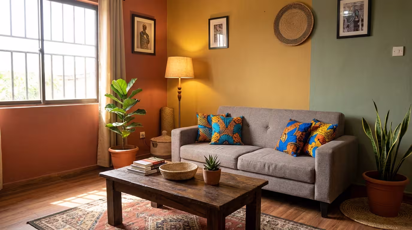 A cozy and warm Nigerian sitting room with bright colours, indoor plants, wooden furniture, and decorative accents