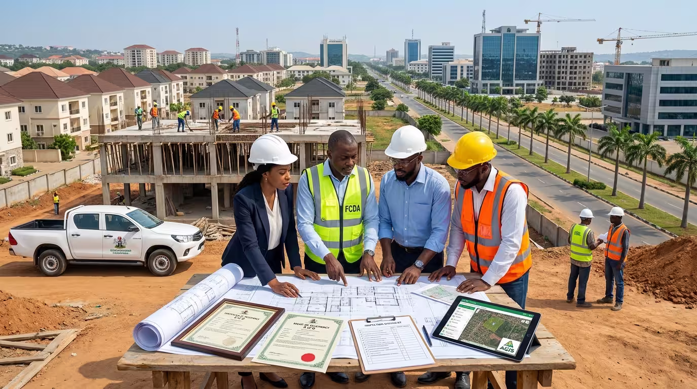 Three Nigerian property development professionals in hard hats and safety vests review building plans, a Right of Occupancy document, and a Certificate of Acceptance on a construction site in Abuja, with a PCDA Development Control vehicle and active high-rise construction visible in the background.