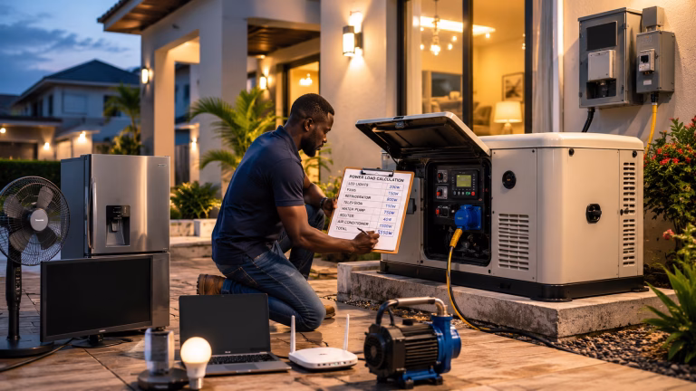 A Nigerian man kneels beside an open generator outside a well-lit home at dusk, reviewing a power load calculation clipboard listing household appliances and wattage totals, with a fan, refrigerator, television, laptop, router, water pump, and light bulb arranged around him.