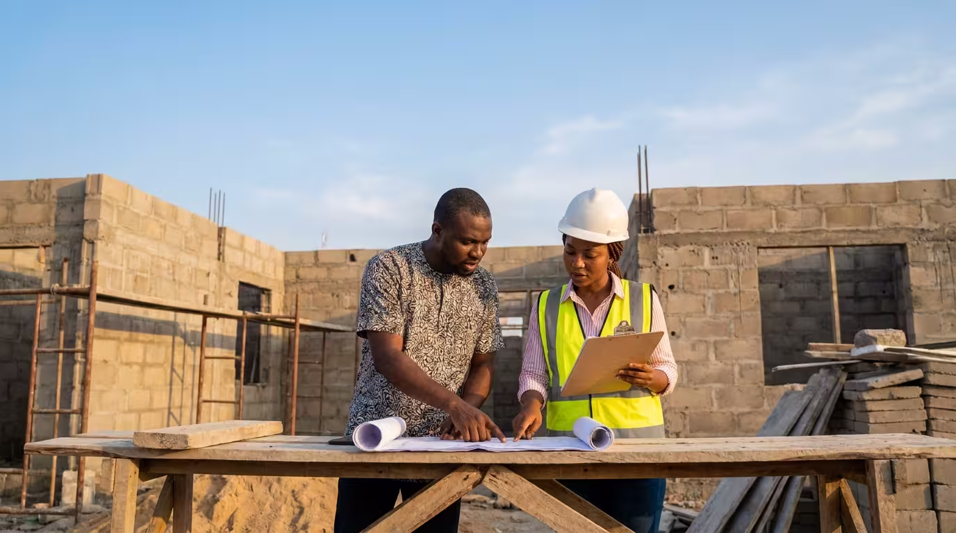 A homeowner and quantity surveyor review a Bill of Quantities document at a Nigerian construction site.