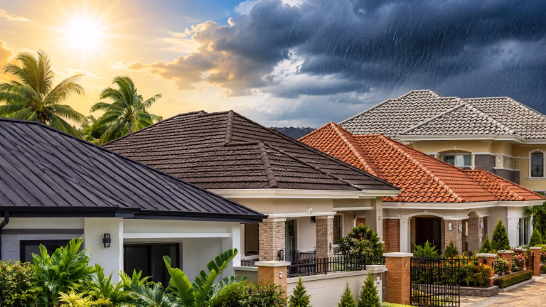 "Row of Nigerian homes with different roofing materials—metal, stone-coated, and clay tiles—under a split sky showing bright sun on one side and heavy rainstorm on the other."