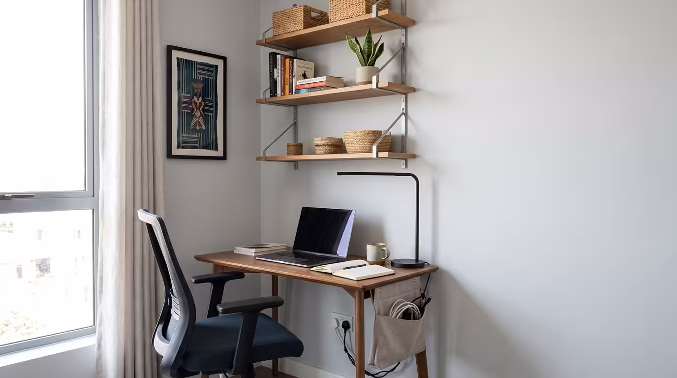 A budget-friendly home office with ergonomic furniture inside a modern Nigerian home.