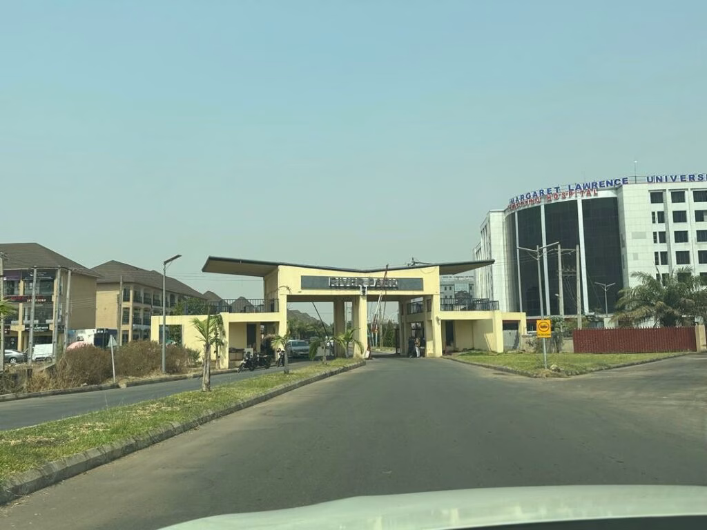 "Entrance gate to River Park estate with Margaret Lawrence University Teaching Hospital visible in the background."