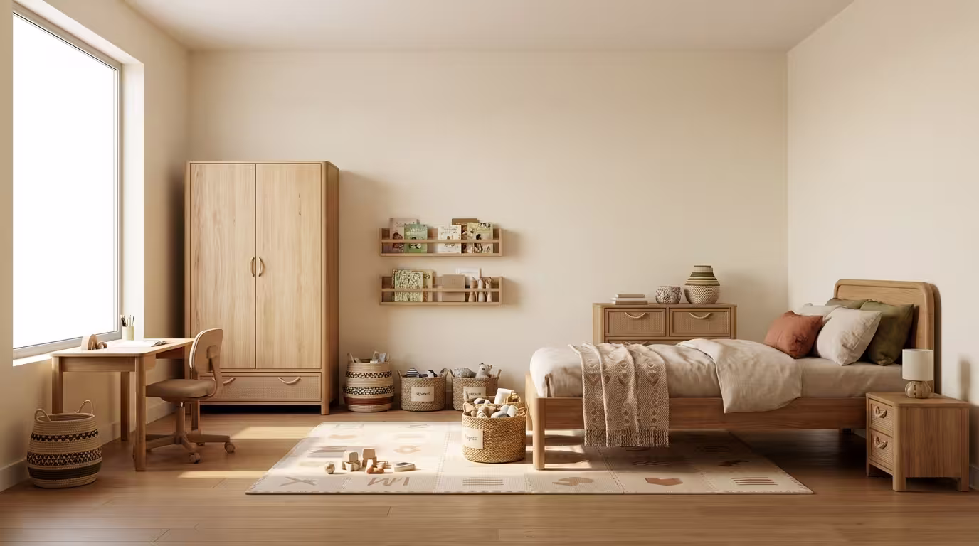 Cosy children's bedroom in a Nigerian home featuring warm wooden furniture, woven storage baskets, a study desk, and a neatly made bed."