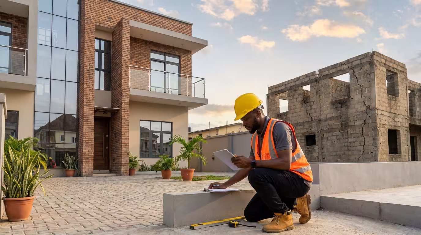 A building inspector examining a newly completed residential property in Nigeria for construction quality and safety.