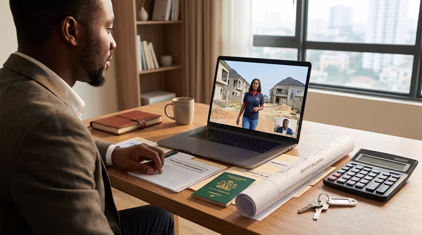 A Nigerian in the diaspora reviewing property documents during a virtual inspection of a home in Nigeria.