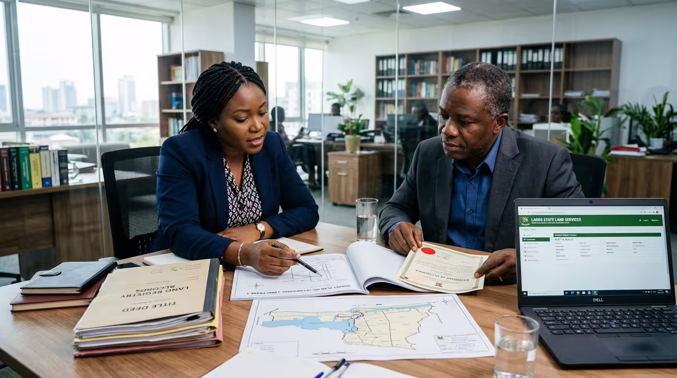 Property lawyer reviewing title documents during due diligence before a property purchase.