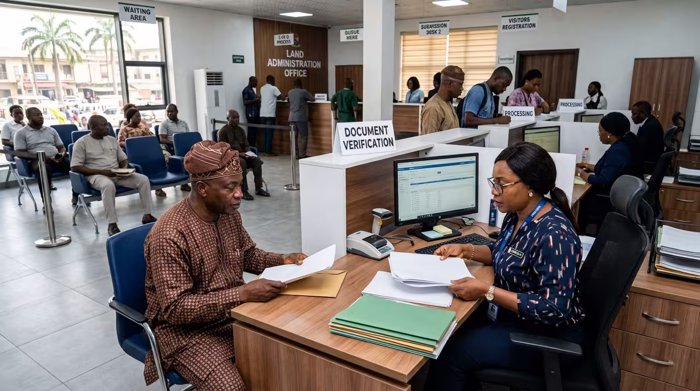 Property owners submitting land documents for title perfection at a government land administration office.