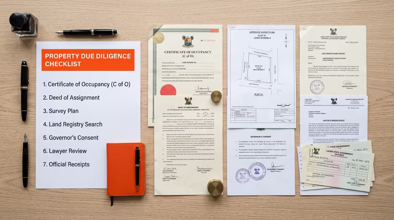 Property due diligence checklist with essential land title documents for buying property in Nigeria.