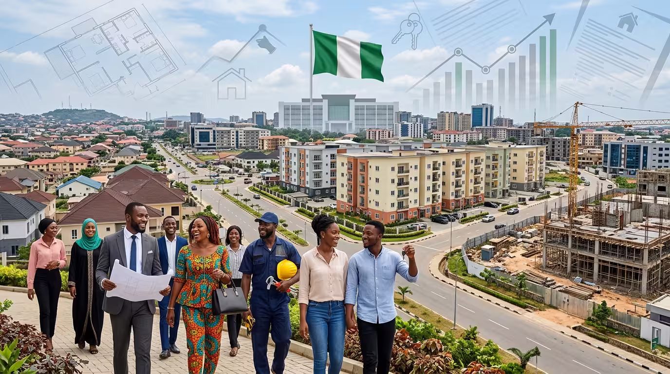 Illustration showing Nigeria's proposed National Housing Finance Authority, affordable housing developments, mortgage finance, and informal sector workers gaining access to the National Housing Fund (NHF).