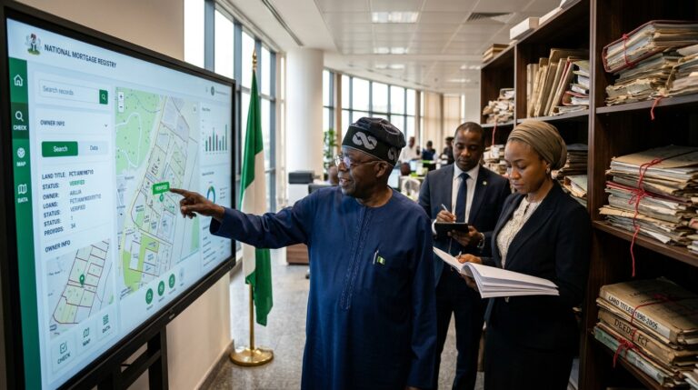 President Bola Tinubu reviewing Nigeria's digital property governance reforms alongside the new National Mortgage Registry.