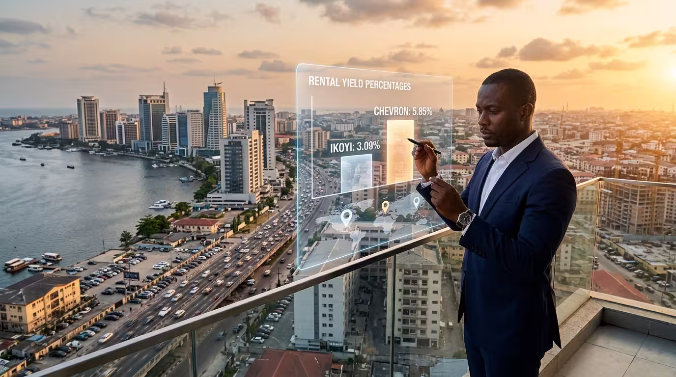 Lagos skyline showing Ikoyi and the Lekki corridor, illustrating the comparison between premium property prices and higher rental yields for real estate investors.