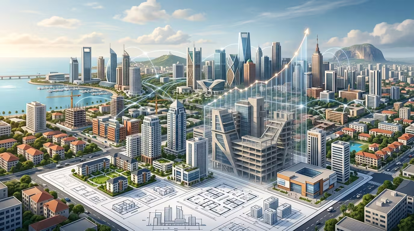 Editorial illustration showing Lagos, Abuja and Port Harcourt skylines representing Nigeria's $2.6 trillion property market, with buildings, infrastructure and regulatory elements symbolising real estate growth and investment.