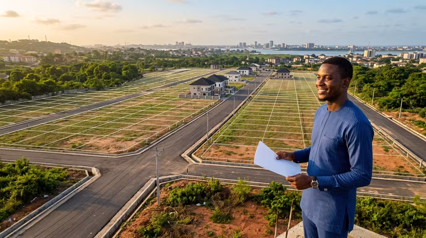 Illustration of Nigeria's One Square Metre Initiative showing surveyed land divided into small plots to represent micro-land banking and affordable property investment.
