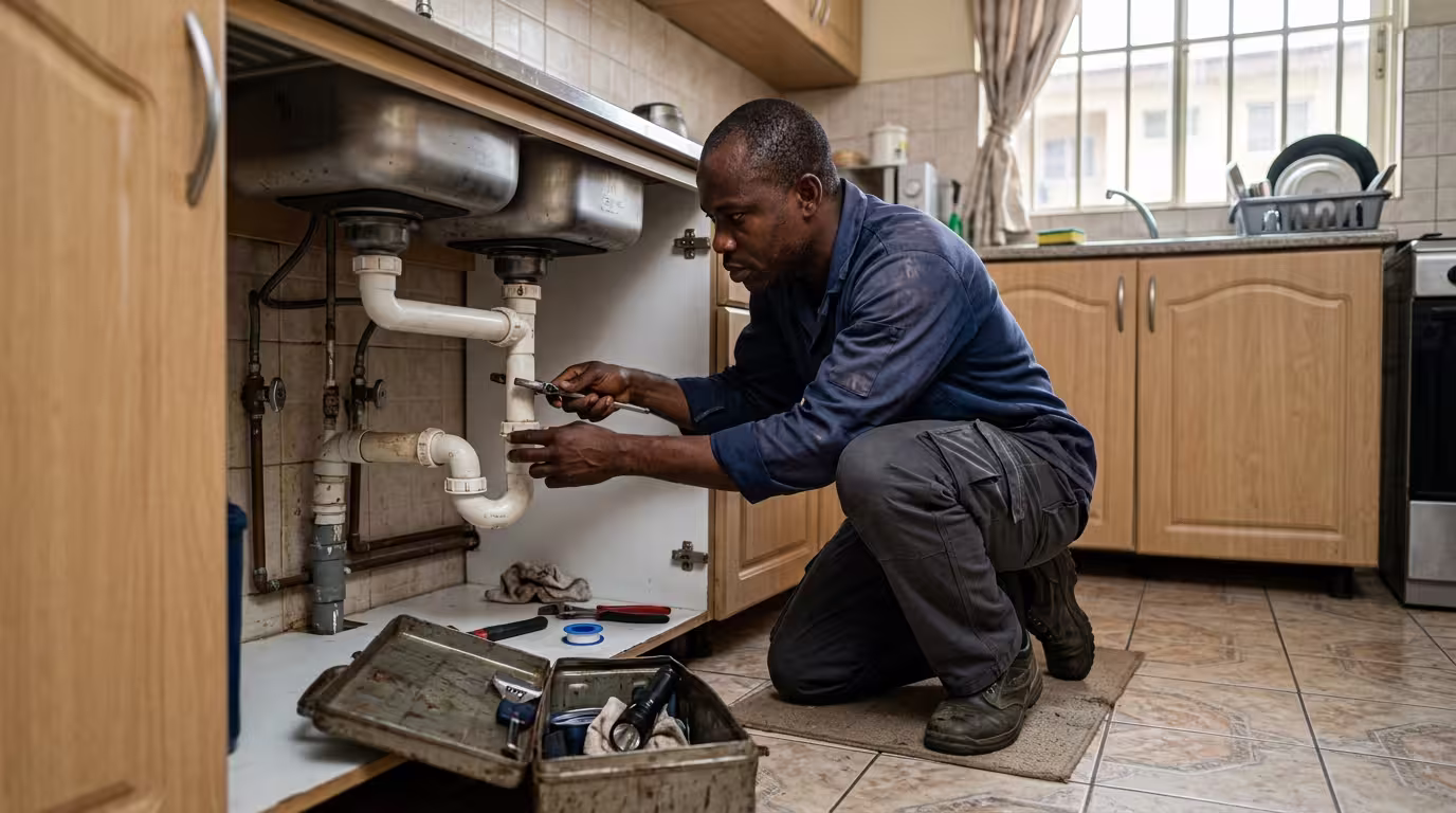 12 Common Problems in Property Management and How to Fix Them Nigerian maintenance technician inspecting plumbing inside a residential apartment