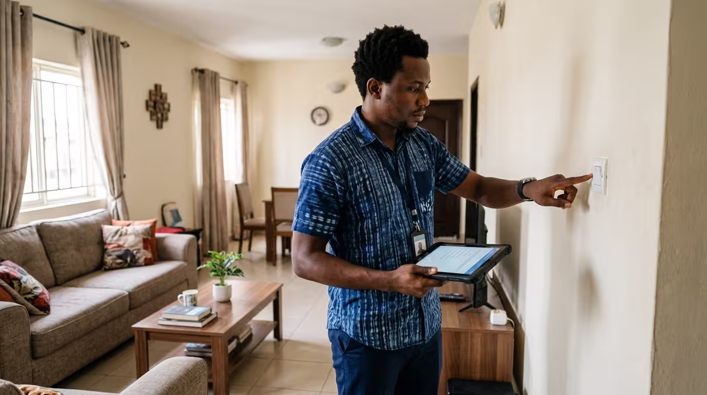 12 Common Problems in Property Management and How to Fix Them Nigerian property manager conducting a routine apartment inspection with a tablet