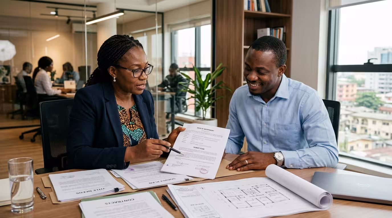Nigerian property lawyer reviewing house ownership documents with a buyer
